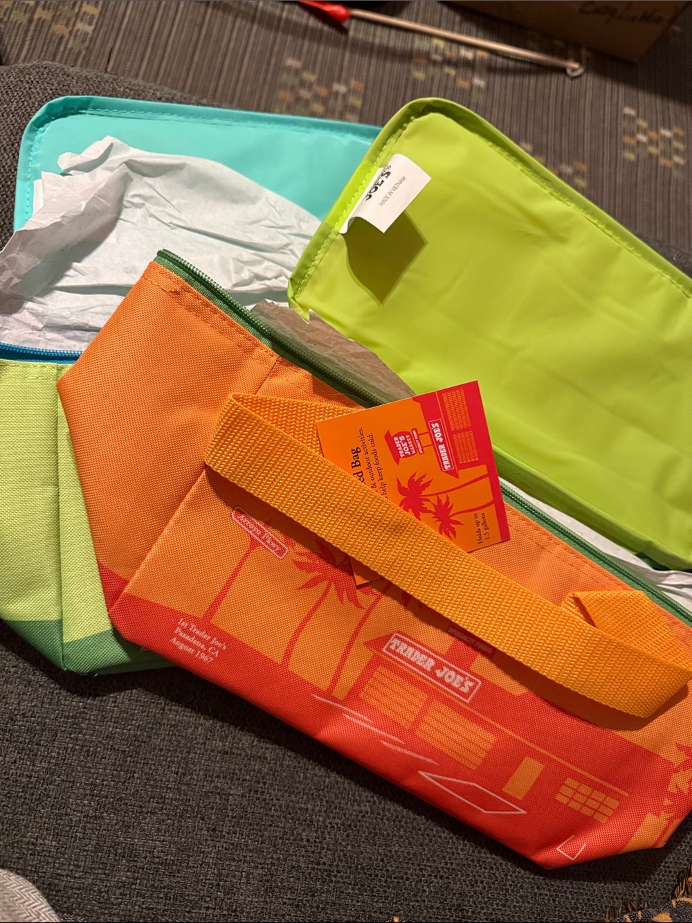 Traveler's Bright Orange Lunch Tote with Lime Interior set of 2